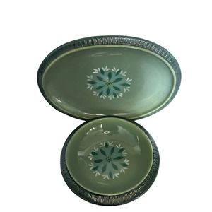 Vintage Mid Century Red Wing Pottery Green Teal Flower Serving Platter bowl set‎
